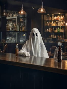 Creepy ghost white sheet with alcohol sitting at bar table by candlelight, Halloween concept, AI