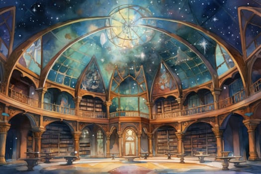 An awe-inspiring depiction of celestial libraries, ancient repositories of boundless universal wisdom.