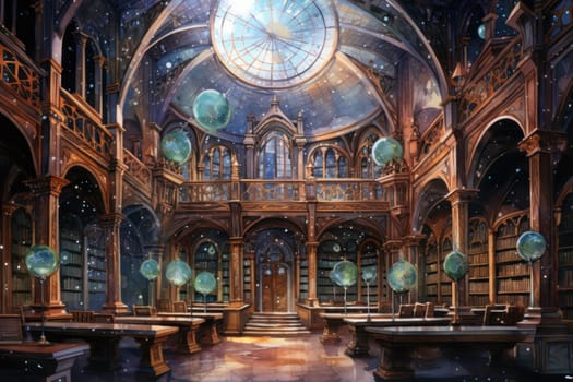 An awe-inspiring depiction of celestial libraries, ancient repositories of boundless universal wisdom.