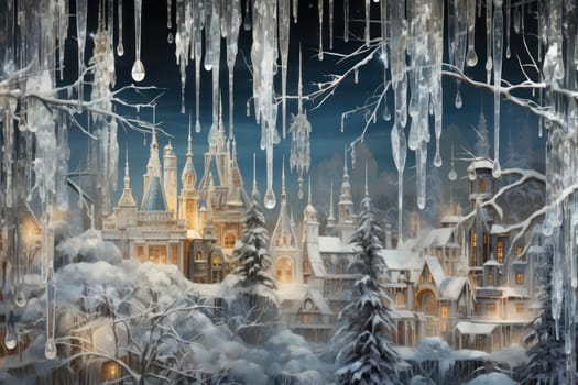 A remarkable portrayal of winter's allure, focusing on the glistening, see-through charm of icicles suspended from rooftops and tree limbs, showcasing their sparkling and crystalline elegance.