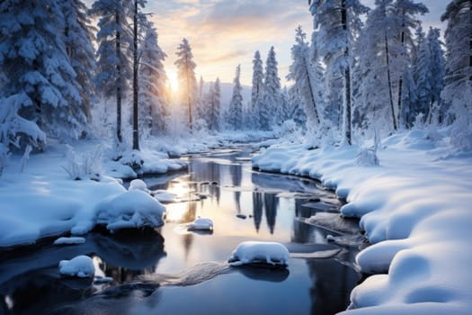 A captivating artistic portrayal of the enchanting winter season, where landscapes are magically transformed into a wonderland adorned with shimmering snow and sparkling icicles.