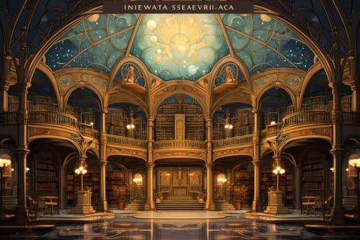 An awe-inspiring depiction of celestial libraries, ancient repositories of boundless universal wisdom.