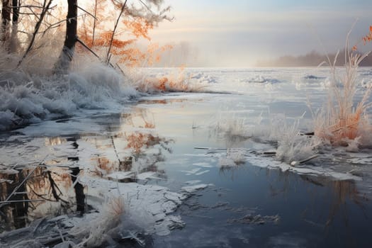 An exquisite visual representation of winter's enchantment, featuring frozen lakes, rivers, and ponds.