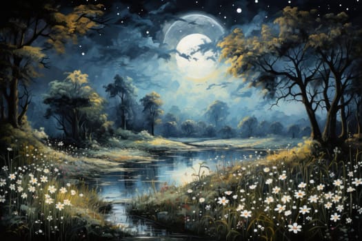 An enchanting portrayal of tranquil moonlit meadows, where dreams materialize and aspirations come to life.