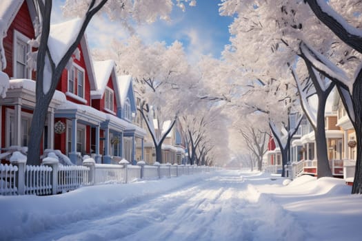 An exquisite winter composition, expertly capturing the tranquil allure of recently fallen snow draping over trees, landscapes, and architectural structures.