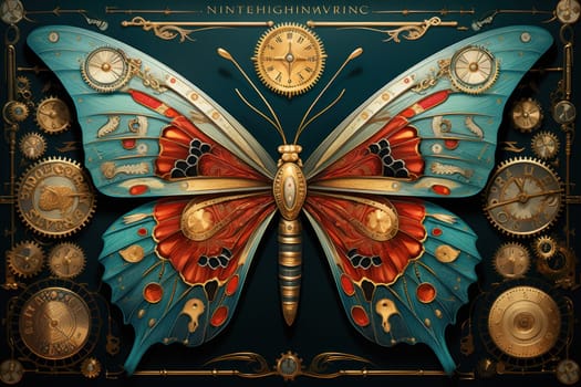 An enchanting portrayal of ethereal clockwork butterflies, fluttering gracefully with intricate precision, each adorned with intricate gears and delicate wings that shimmer with fantastical hues.