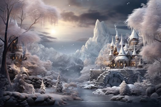 A captivating artistic portrayal of the enchanting winter season, where landscapes are magically transformed into a wonderland adorned with shimmering snow and sparkling icicles.