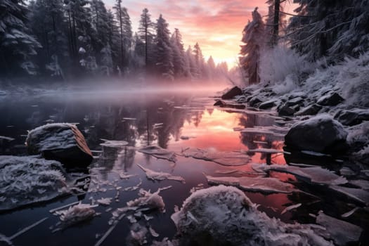 An exquisite visual representation of winter's enchantment, featuring frozen lakes, rivers, and ponds.