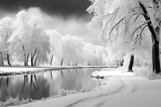 A captivating artistic portrayal of the enchanting winter season, where landscapes are magically transformed into a wonderland adorned with shimmering snow and sparkling icicles.