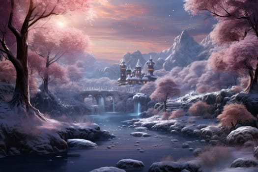 A captivating artistic portrayal of the enchanting winter season, where landscapes are magically transformed into a wonderland adorned with shimmering snow and sparkling icicles.