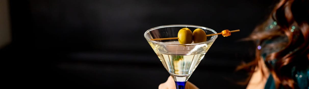 Martini with olives. Classic Shaken Dry Vodka Martini. Space for text