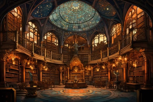 An awe-inspiring depiction of celestial libraries, ancient repositories of boundless universal wisdom.
