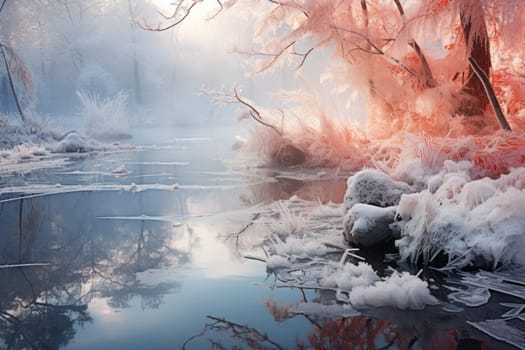 An exquisite visual representation of winter's enchantment, featuring frozen lakes, rivers, and ponds.