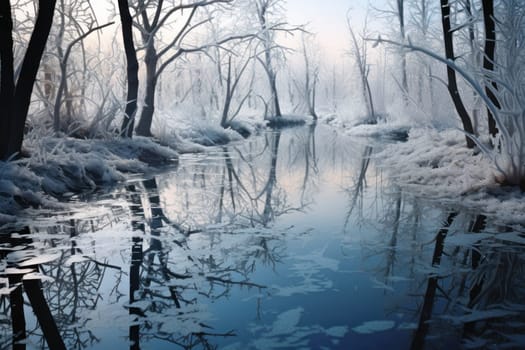 An exquisite visual representation of winter's enchantment, featuring frozen lakes, rivers, and ponds.