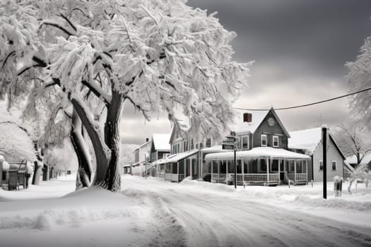 An exquisite winter composition, expertly capturing the tranquil allure of recently fallen snow draping over trees, landscapes, and architectural structures.