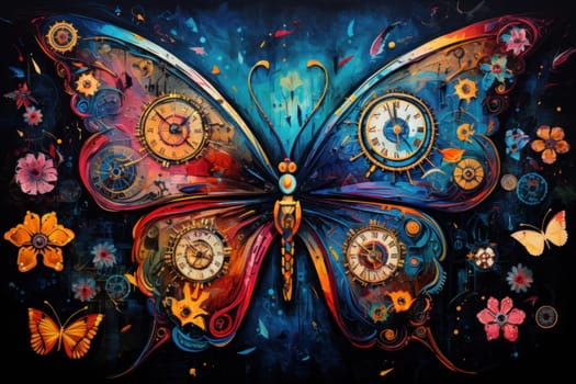 An enchanting portrayal of ethereal clockwork butterflies, fluttering gracefully with intricate precision, each adorned with intricate gears and delicate wings that shimmer with fantastical hues.
