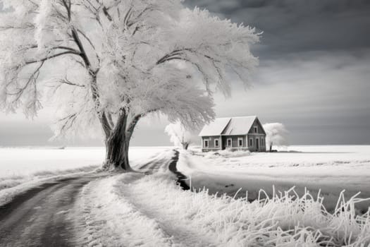 An exquisite winter composition, expertly capturing the tranquil allure of recently fallen snow draping over trees, landscapes, and architectural structures.