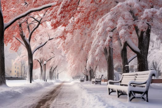 An exquisite winter composition, expertly capturing the tranquil allure of recently fallen snow draping over trees, landscapes, and architectural structures.