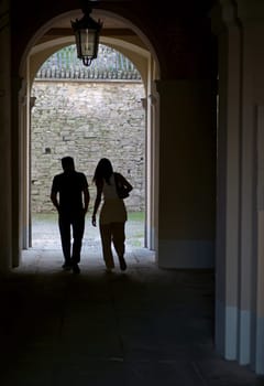 Bergamo. One of the beautiful city in Italy. Two friends, a couple are walking through the ancient streets of the Italian city of Bergamo