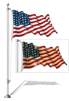Vector Illustration of a waving 48 star US flag in a clean-cut and an aged version, fasten on a flag pole. This was the flag of the United States during WWI, WWII and the Korean War. Both versions are in-place in separate groups. Flags and pole in separate layers line art, shading and color neatly in groups for easy editing.