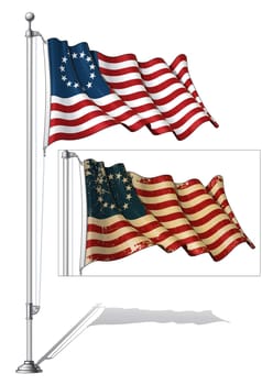 Vector Illustration of a waving US Betsy Ross flag in a clean-cut and an aged version, fasten on a flag pole.Both versions are in-place in separate groups. Flags and pole in separate layers line art, shading and color neatly in groups for easy editing.