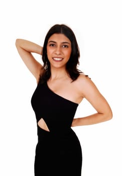 A closeup portrait of a young smiling woman in a black dress, isolated.on white background..