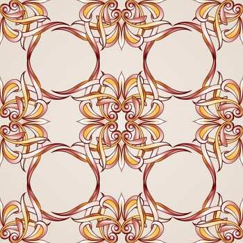 Seamless pattern with floral elements weaving. Illustration in burgundy, pink, light brown and yellow shades on pastel rose pink background