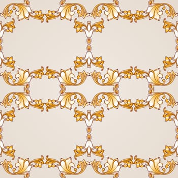 Seamless pattern with floral elements in golden shades on pastel rose pink background