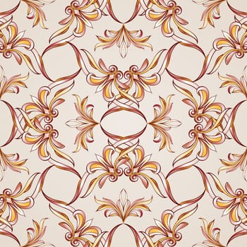 Seamless pattern with woven floral elements. Illustration in burgundy, pink, light brown and yellow shades on pastel rose pink background