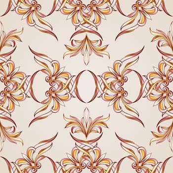Seamless floral pattern with elements weaving. Illustration in burgundy, pink, light brown and yellow shades on pastel rose pink background