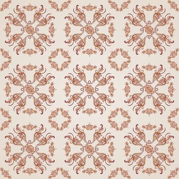 Seamless floral pattern with ornate elements in brown and rose pink shades