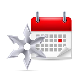 Page calendar with a marked red-letter day of the week. Near to shuriken