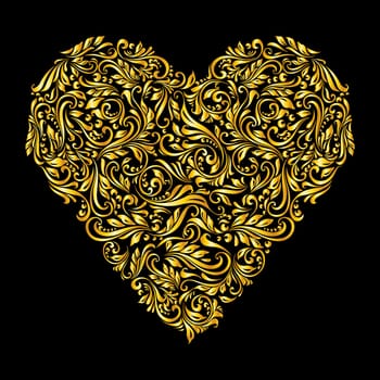 Decorative heart of richly  golden ornament on black