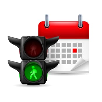 Page calendar with a marked red-letter day of the week. Near to traffic light