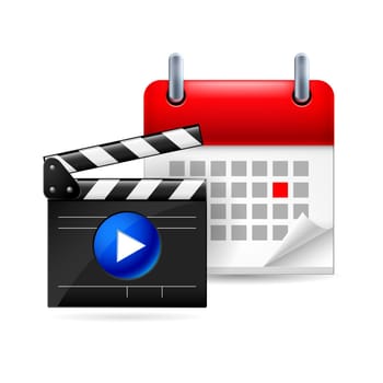 Page calendar with a marked red-letter day of the week. Near to movie clapper