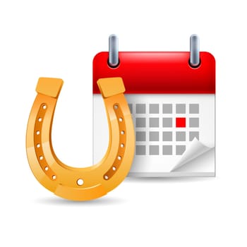 Page calendar with a marked red-letter day of the week. Near to horseshoe