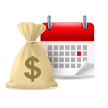 Page calendar with a marked red-letter day of the week. Near to money