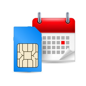 Page calendar with a marked red-letter day of the week. Near to sim-card