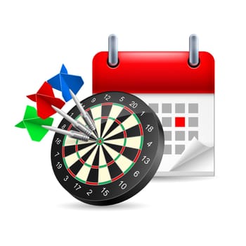 Page calendar with a marked red-letter day of the week. Near to darts