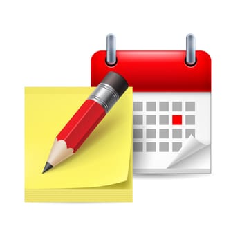 Page calendar with a marked red-letter day of the week. Near to notebook with pencil