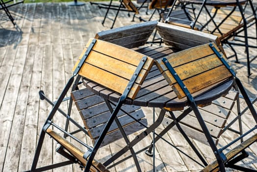 Beer garden with wooden chairs
