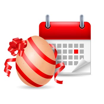 Page calendar with a marked red-letter day of the week. Near to Easter egg