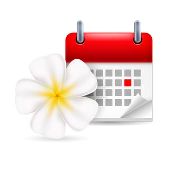 Page calendar with a marked red-letter day of the week. Near to flower