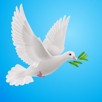 Dove of peace flying with a green twig after flood on a blue background