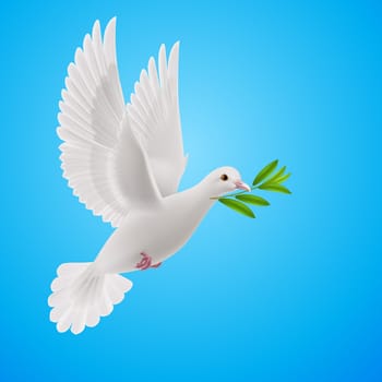 Dove of peace flying with a green twig after flood on sky