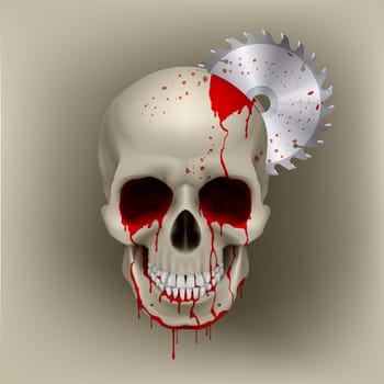 Dead skull with blood in his eyes. Inside the skull from disk grinder