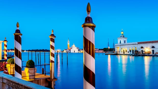 Grand Canal by night just after sunset, vue on Giorgio Maggiore church and Marai della salute, Venice, Italy