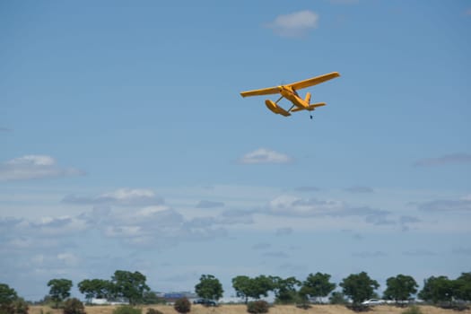 Radio controlled Hydroplane flying over the Guadiana river, Badajoz, Spain