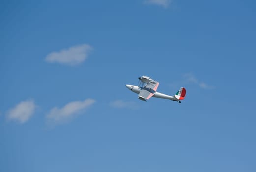 Radio controlled Hydroplane flying and sailing over the Guadiana river, Badajoz, Spain