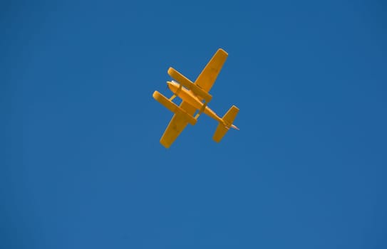 Radio controlled Hydroplane flying over the Guadiana river, Badajoz, Spain